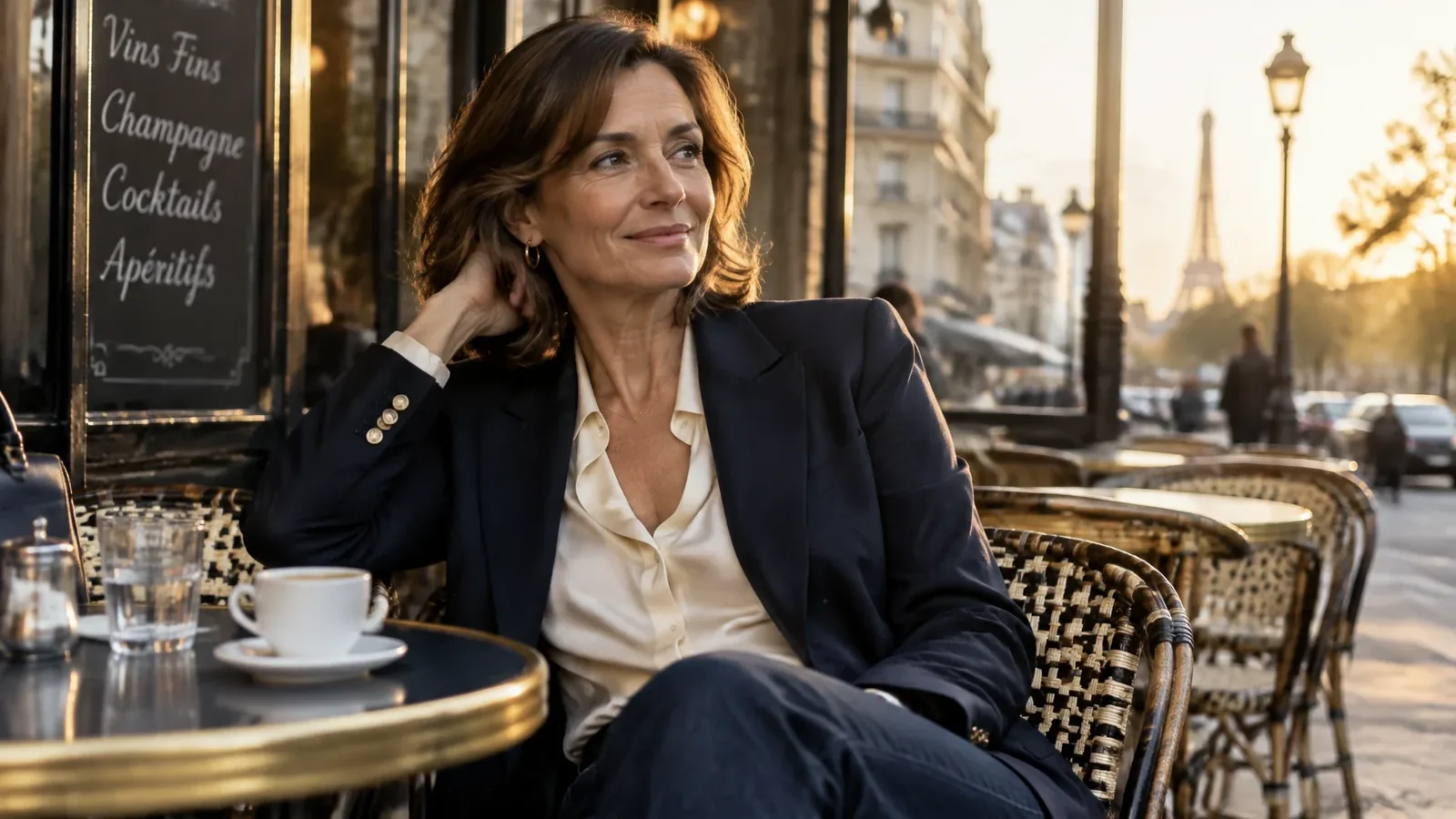 A mature woman in a stylish navy blazer and ivory blouse at a Parisian cafe.