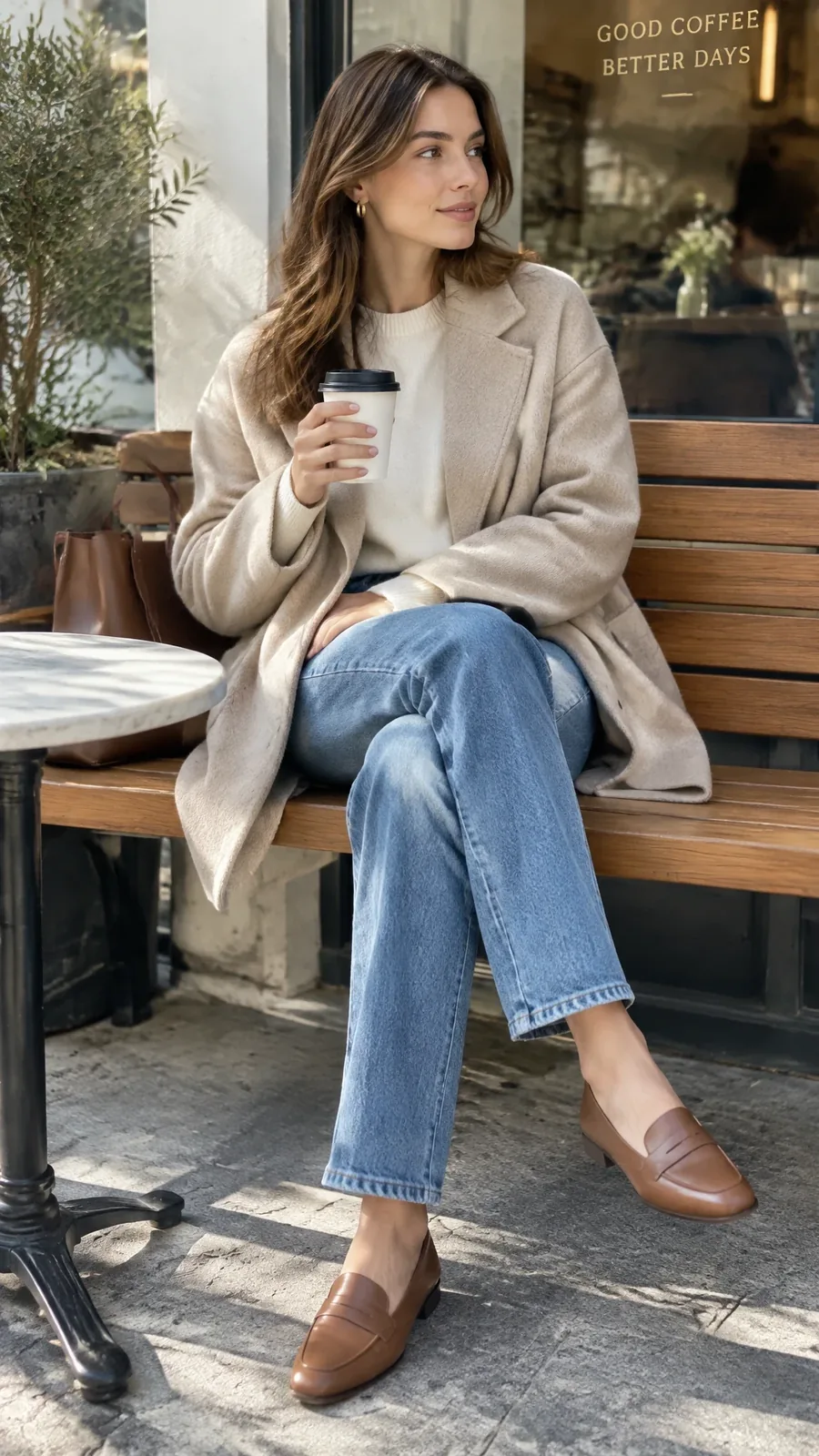 A woman dressed classy without looking overdressed in relaxed jeans, ivory knit sweater, and loafers