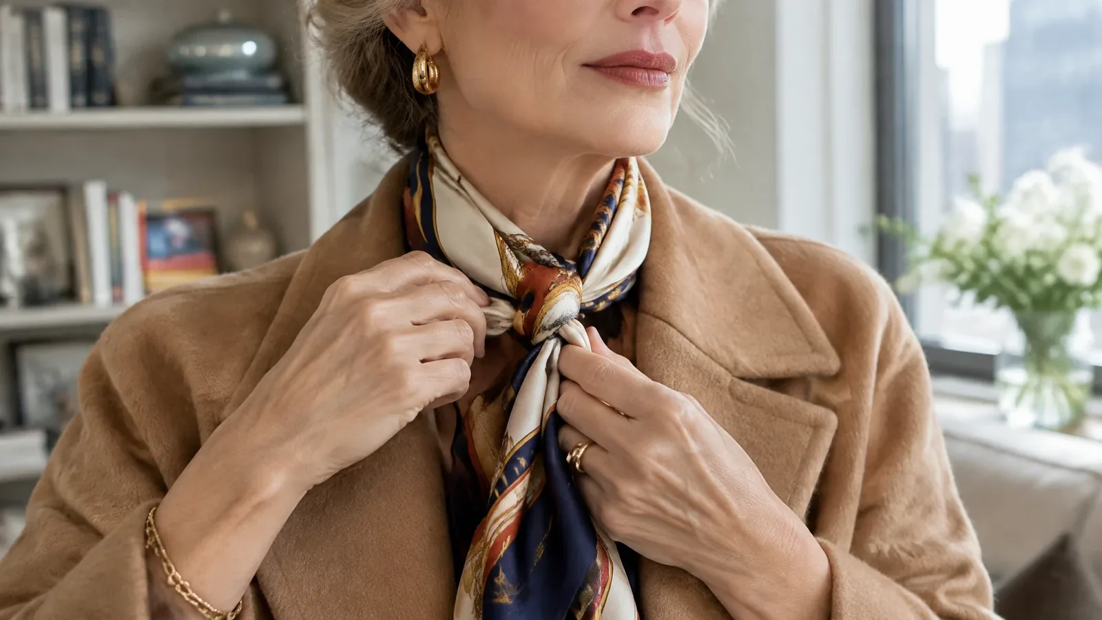 Close-up of a mature woman styling a printed silk scarf with a camel coat.