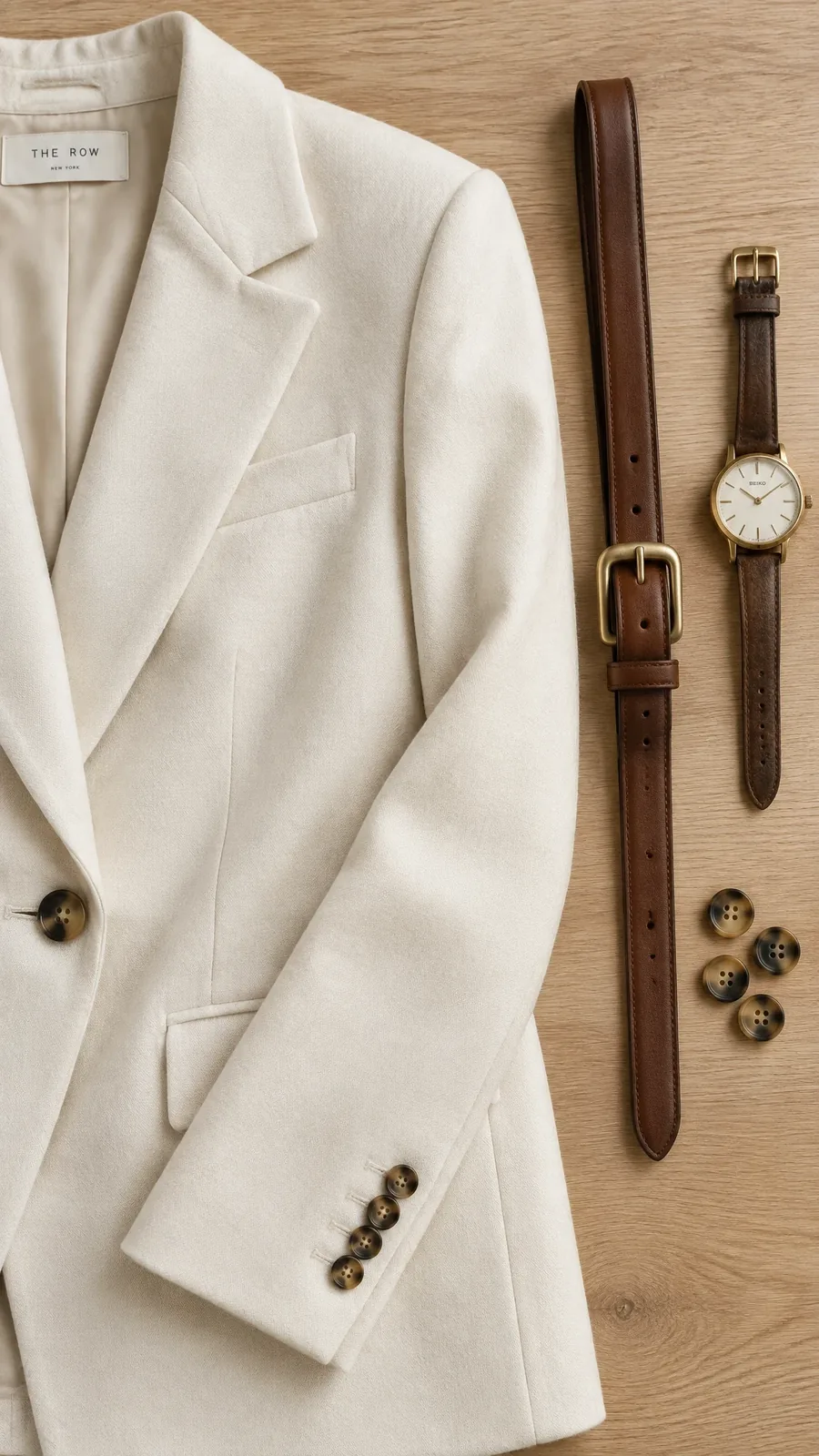 Flat lay of an ivory blazer, brown leather belt with brushed brass buckle, and classic watch