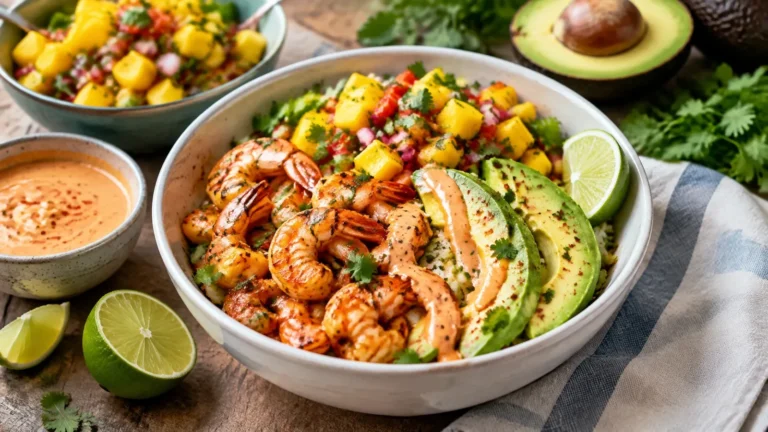 How to Make Shrimp and Avocado Bowls with Mango Salsa and Lime-Chili Sauce