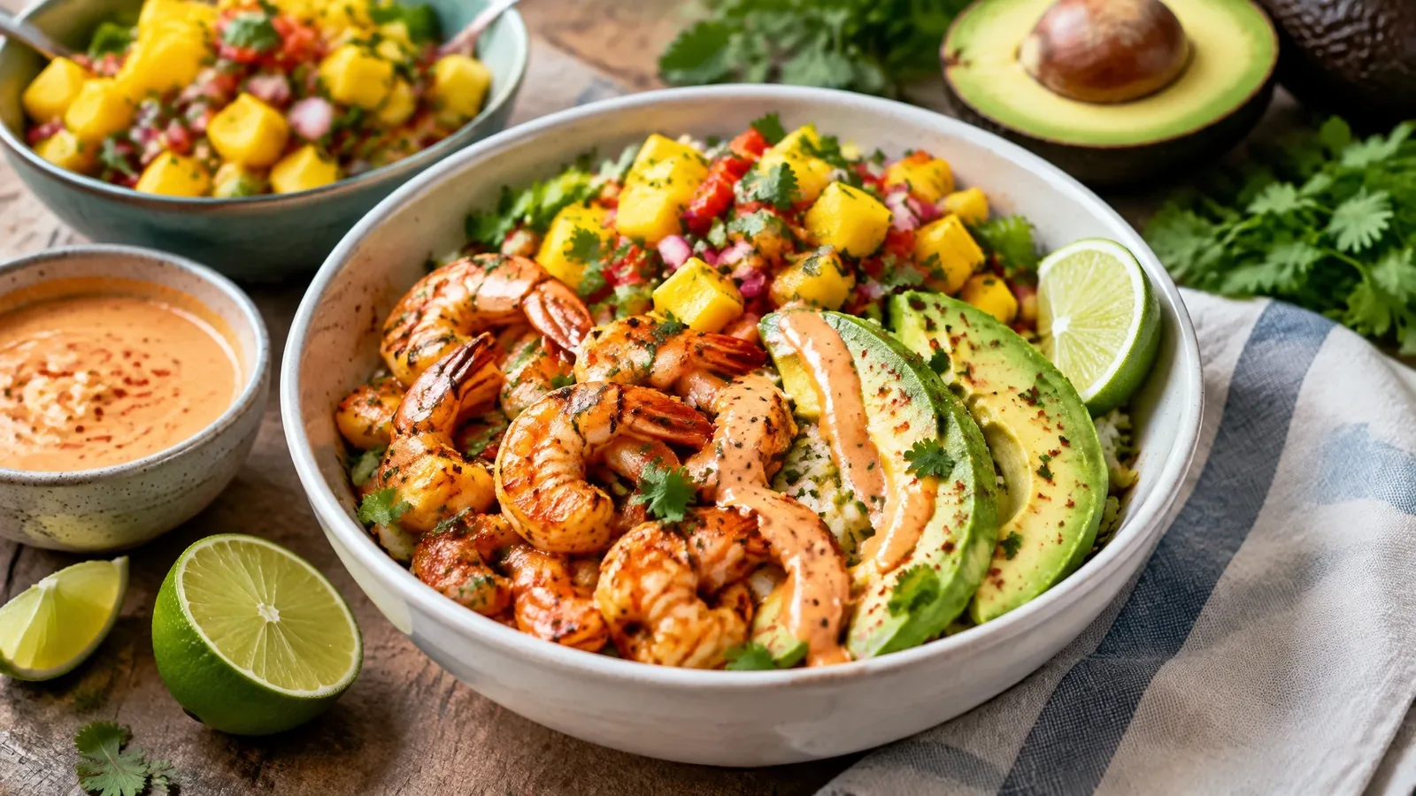 How to Make Shrimp and Avocado Bowls with Mango Salsa and Lime-Chili Sauce