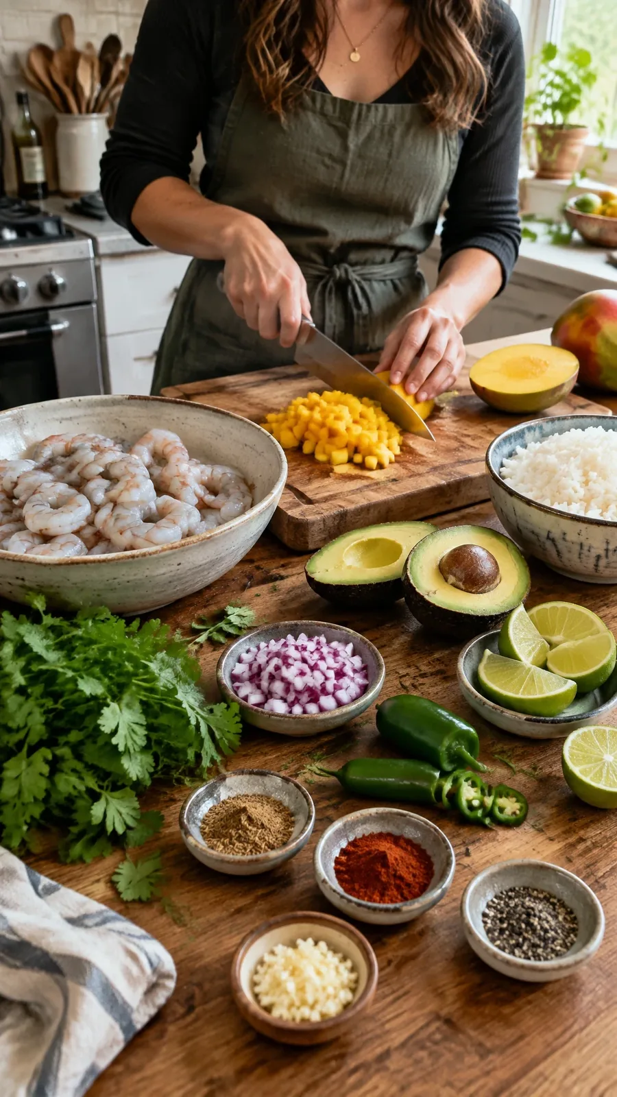 Ingredients being prepared for shrimp and avocado bowls with mango salsa