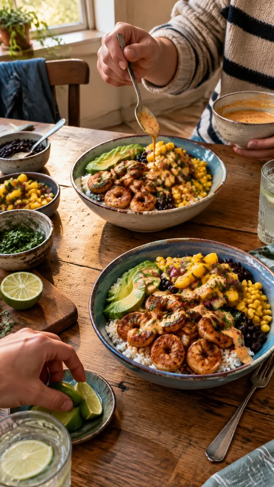 Shrimp and avocado bowls served with mango salsa and lime-chili sauce